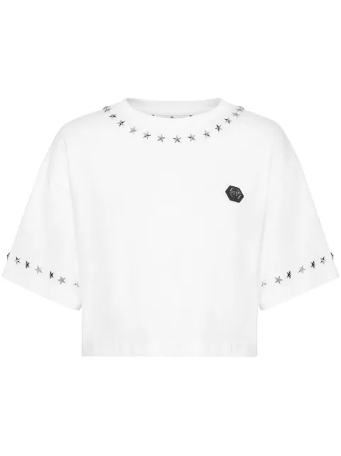 Philipp Plein star-studded cotton cropped top White FADCWTK3331PJY002N