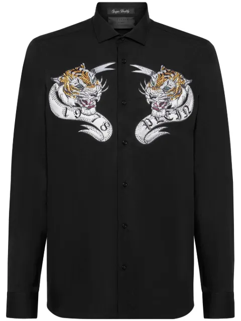 Philipp Plein tiger-print embellished shirt Black FADCMRP2250PTE003N