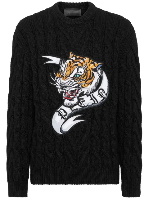 Philipp Plein tiger-appliqué wool jumper Black FADCMKO1376PKN002N
