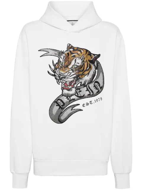 Philipp Plein crystal-embellished tiger-print hoodie White FADCMJB3456PJY002N