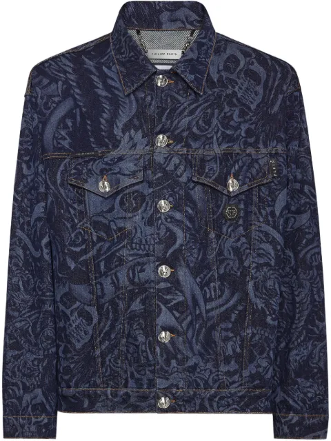 Philipp Plein tattoo denim jacket Blue FADCMDB0606PDE004N