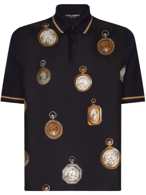 Dolce & Gabbana watches-print silk polo shirt Black GXZ18TJBSKC