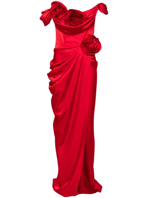 Ana Radu floral-appliqué draped gown Red 40771
