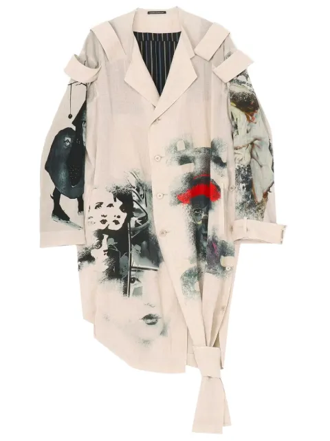 Yohji Yamamoto artistic-print epaulette-detail long jacket Neutrals HSJ27804