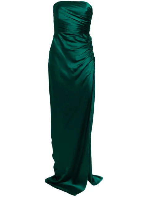 Michelle Mason strapless gathered silk gown Green M9379B