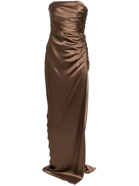 Michelle Mason strapless gathered silk gown Brown M9379B