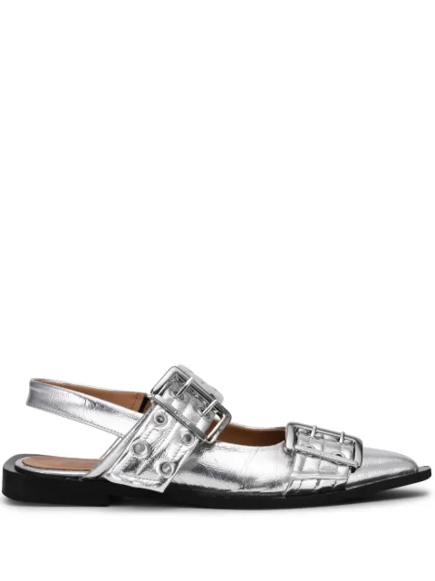 GANNI double-buckled metallic-effect ballerina shoes Silver S2725