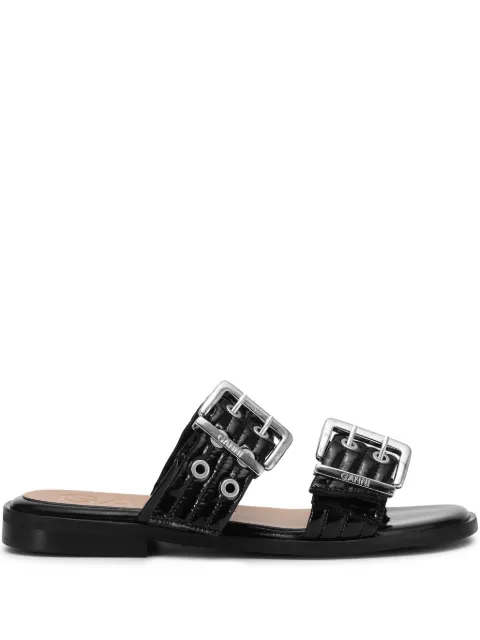 GANNI Buckle flat leather sandals Black S2664