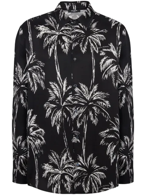 Balmain palm tree-print satin shirt Black DH1HS184VF43