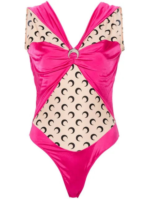 Marine Serre logo-plaque panelled bodysuit Pink WTO393CJER0021