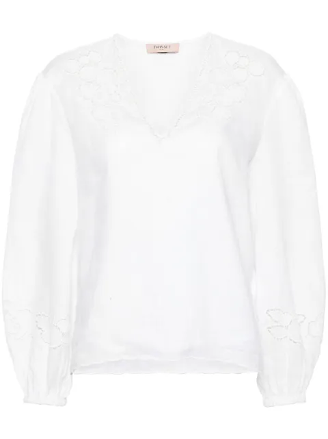 TWINSET floral-embroidered linen blouse White 241TT2333