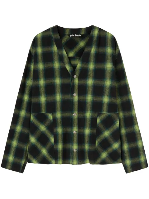 Palm Angels V-neck check-pattern cotton shirt Green PMGE036F24FAB0015503