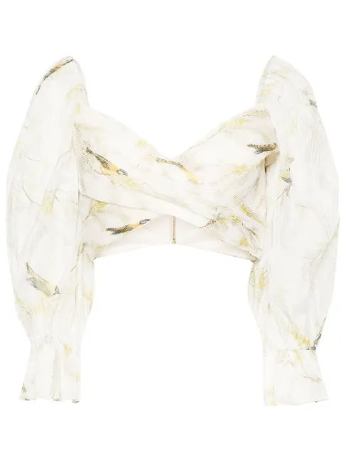 ZIMMERMANN Acacia Birds-print cropped blouse Neutrals 1229TRS24