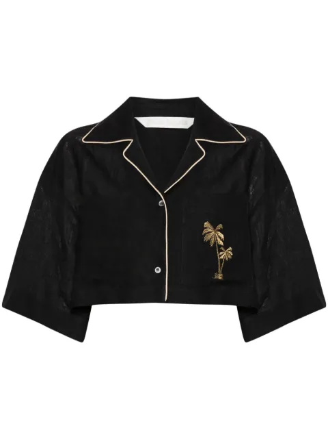 Palm Angels cropped linen bowling shirt Black PWGG003S24FAB0051076