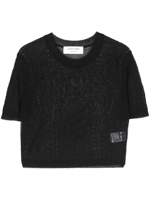 Marine Serre pointelle-knit cropped blouse Black WTK005