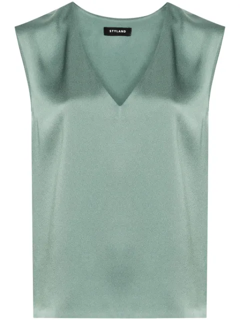 STYLAND V-neck sleeveless satin blouse Green 313A17