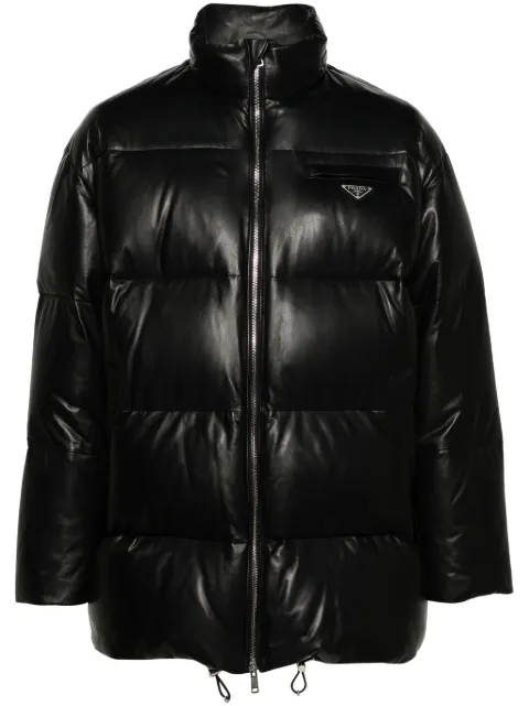 Prada logo-plaque leather puffer coat Black UPS559JHI