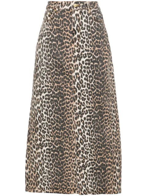 GANNI high-waisted leopard-print denim midi skirt Neutrals J1445943