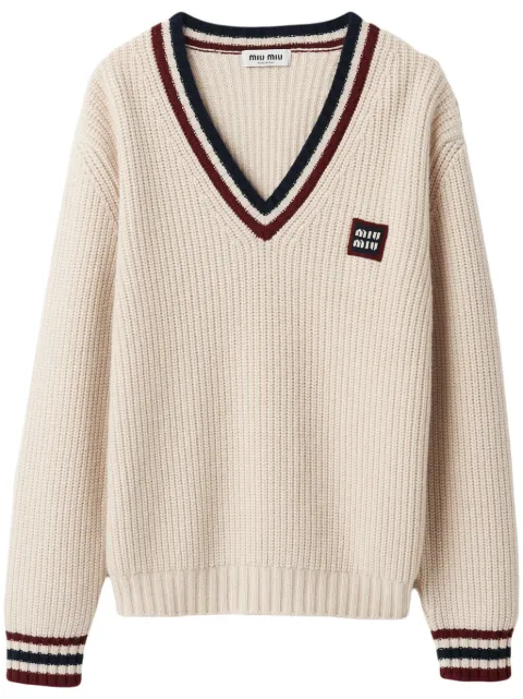 Miu Miu stripe-trim cashmere jumper Neutrals MML873SOOO138R