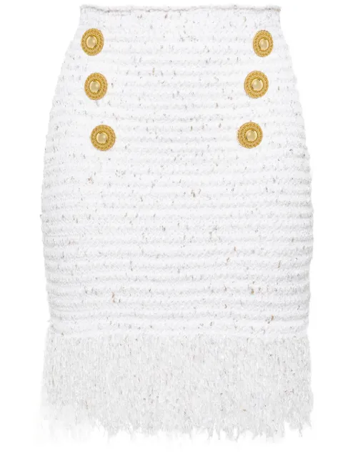 Balmain 6-Button fringed tweed skirt White CF1LB049KF46