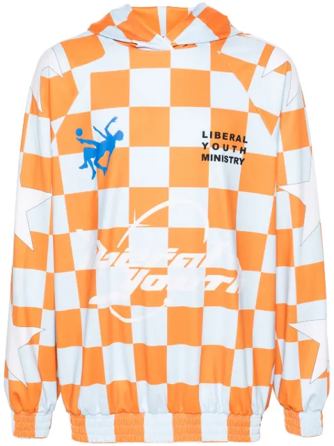 Liberal Youth Ministry logo checkerboard-print hoodie Orange LYM05T124