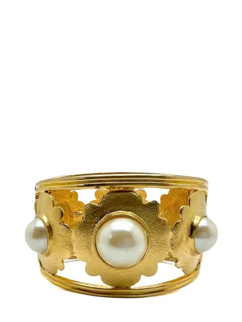 Jennifer Gibson Jewellery Vintage Broad Pearl Floral Motif Cuff 1980s Gold FCD2C1802