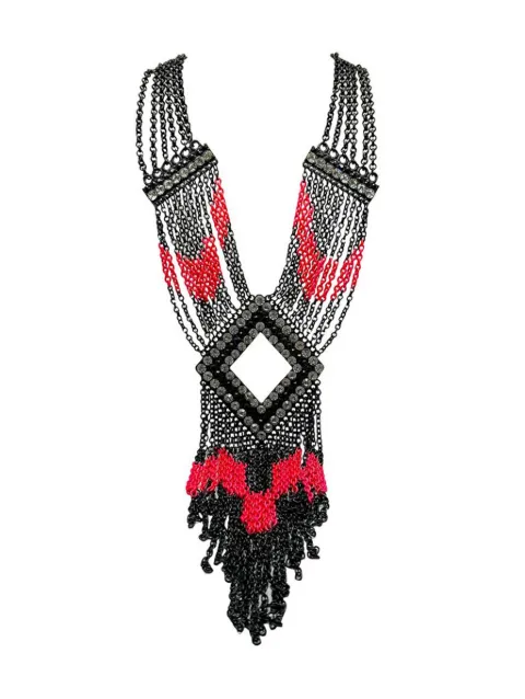 Jennifer Gibson Jewellery Statement Art Deco Inspired Neon & Black Tassel Collar 2000s Black FCD2C1775