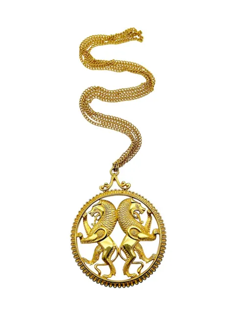 Jennifer Gibson Jewellery Vintage Statement Rampant Lions Medallion Necklace 1960s Gold FCD2C1770A