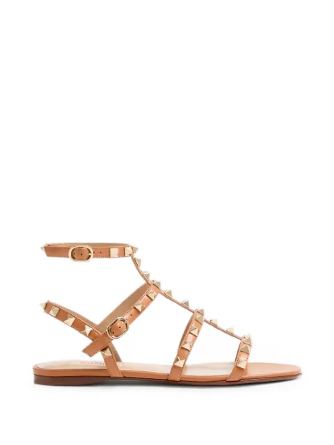 Valentino Garavani Rockstud flat calfskin sandals with straps Brown WS0A05VOD