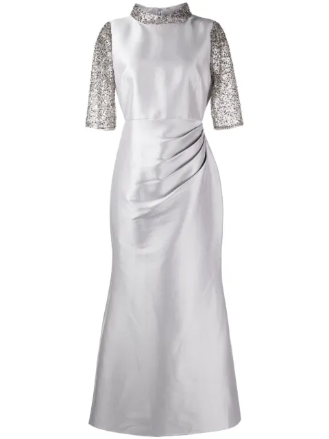 Badgley Mischka beaded pleated crepe gown Grey EG4150