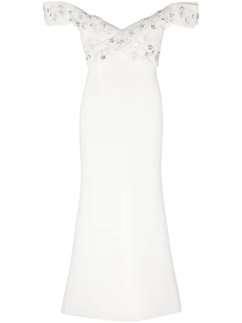 Badgley Mischka bead-embellished off-shoulder gown White EG4204