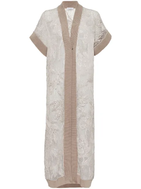 Brunello Cucinelli magnolia-embroidered long cardigan Neutrals M78R00426CDI37