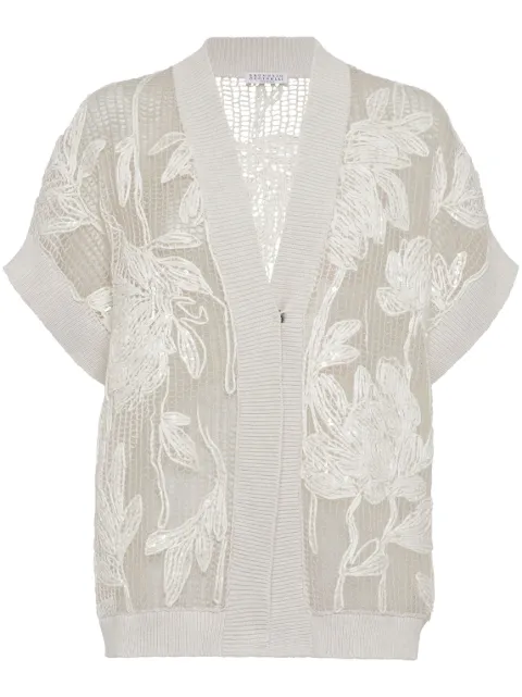 Brunello Cucinelli floral-embroidered V-neck cardigan Neutrals M78R00416CLT71