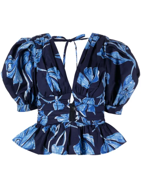 PatBO Nightflower cotton peplum blouse Blue BLU26797US