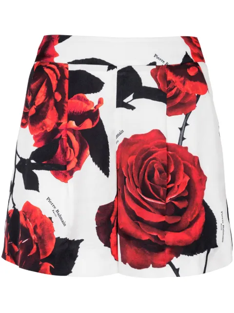 Balmain rose-print satin shorts White CF0PA235VE76