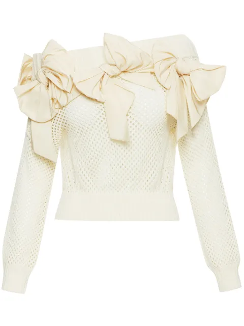 Oscar de la Renta bow-embellished pointelle-knit jumper White 24SN122BOWANW
