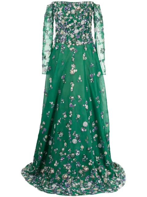 Saiid Kobeisy beaded off-shoulder tulle dress Green RTWFW2352