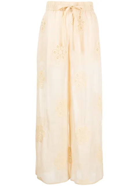 ZIMMERMANN Acadian floral-embroidered ramie trousers Yellow 9166PRS244