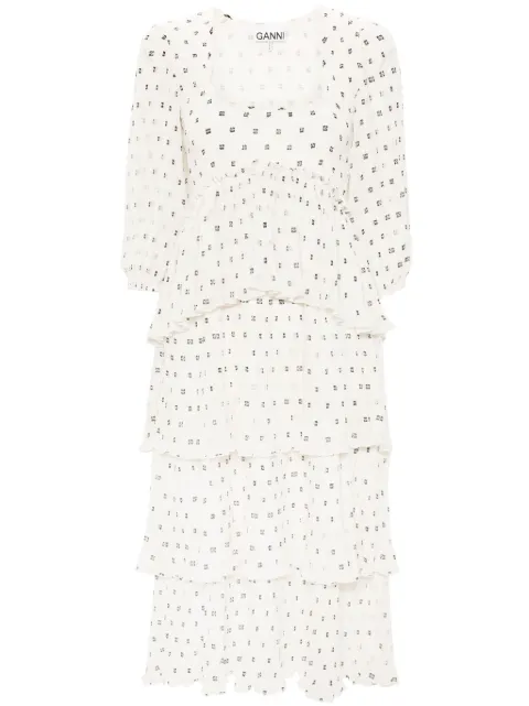 GANNI monogram-print pleated midi dress Neutrals F8691