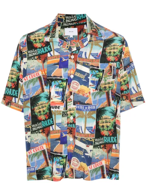 RHUDE Postal Card-print bowling shirt Blue RHPS24SR08174976