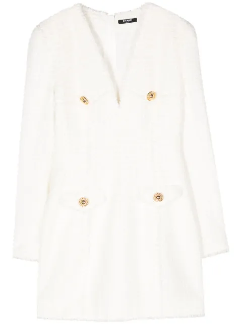 Balmain button-embellished tweed minidress White CF1R9103XF91