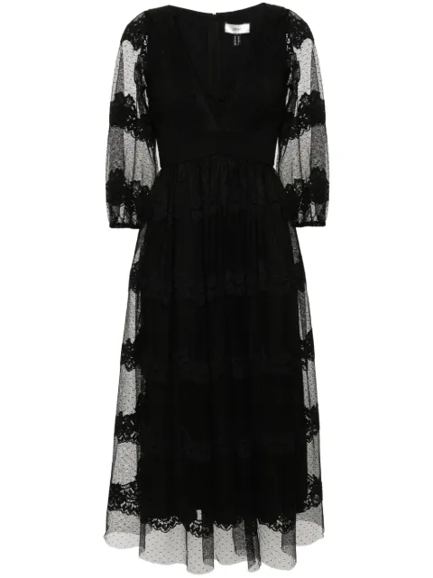 NISSA floral-lace tiered midi dress Black RS14741BLACK