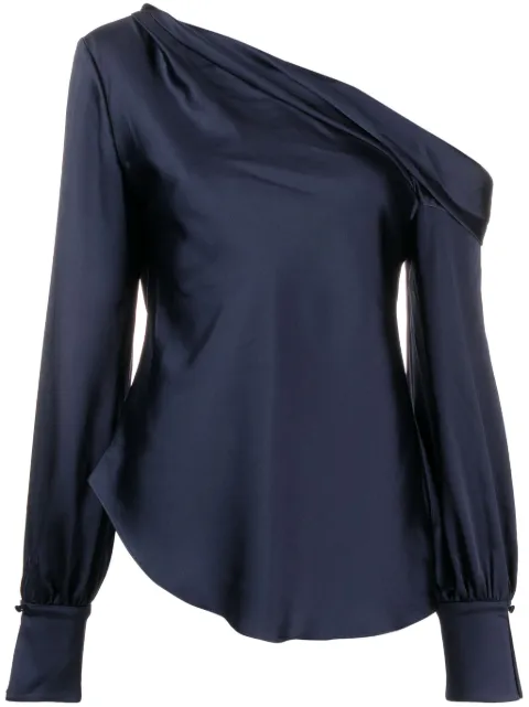 SIMKHAI Alice asymmetric draped-shoulder blouse Blue SI2081Q