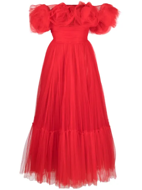 Ana Radu floral-appliqué tulle midi dress Red 39718