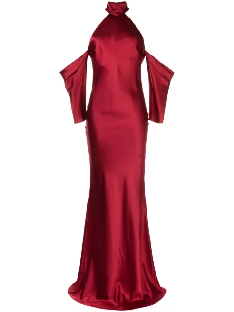 Michelle Mason halterneck drop-sleeve maxi dress Red M9375