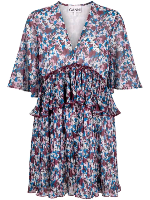 GANNI pleated floral-print minidress Blue F8864