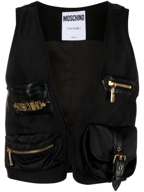 Moschino lettering logo-plaque satin gillet Black A10020513