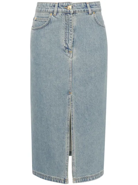Moschino Teddy Bear-button denim midi skirt Blue A01110523