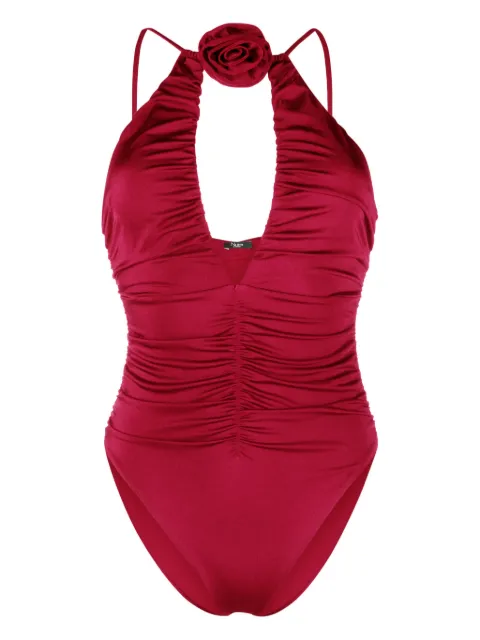 Noire Swimwear floral-appliqué ruched swimsuit Red NSW383