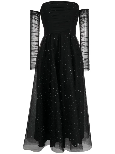 NISSA rhinestone-embellished tulle midi dress Black RS14570